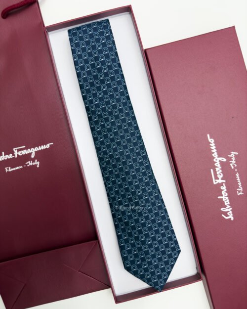 Ferragamo Salvatore Navy Blue BIG GANCINI ROWS SILK TIE