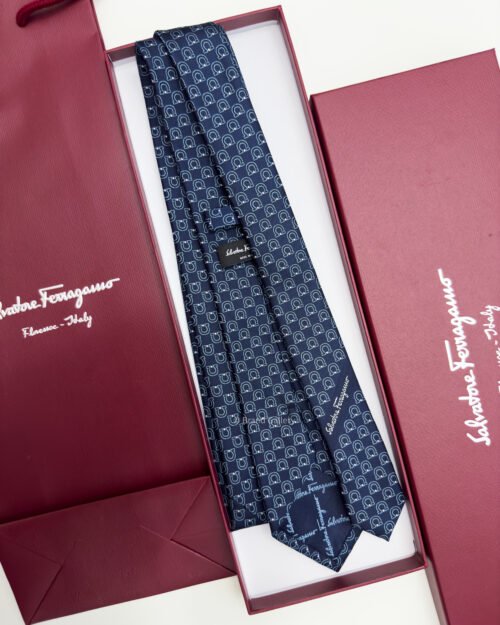 Ferragamo Salvatore Navy Blue BIG GANCINI ROWS SILK TIE
