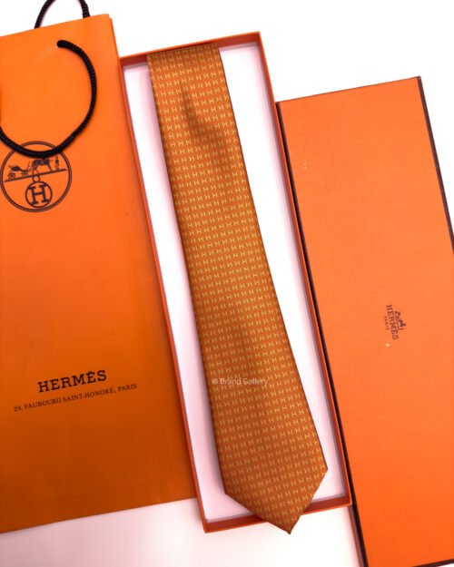 Hermes Orange FACONNEE H ROWS SILK TIE
