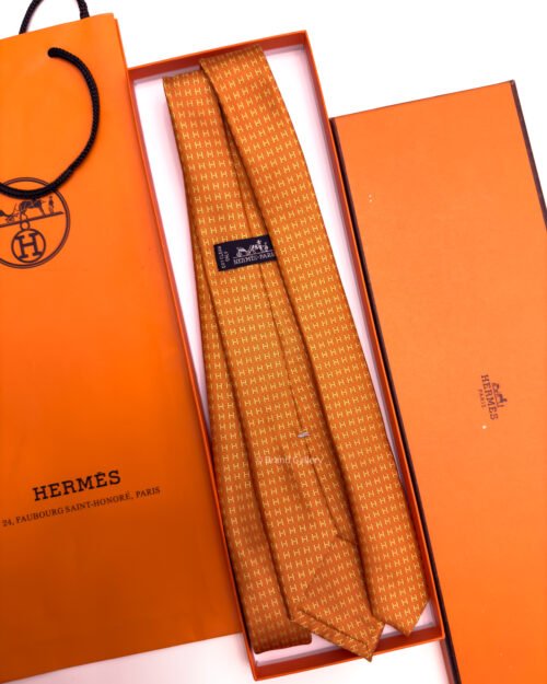Hermes Orange FACONNEE H ROWS SILK TIE
