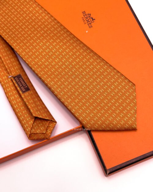 Hermes Orange FACONNEE H ROWS SILK TIE