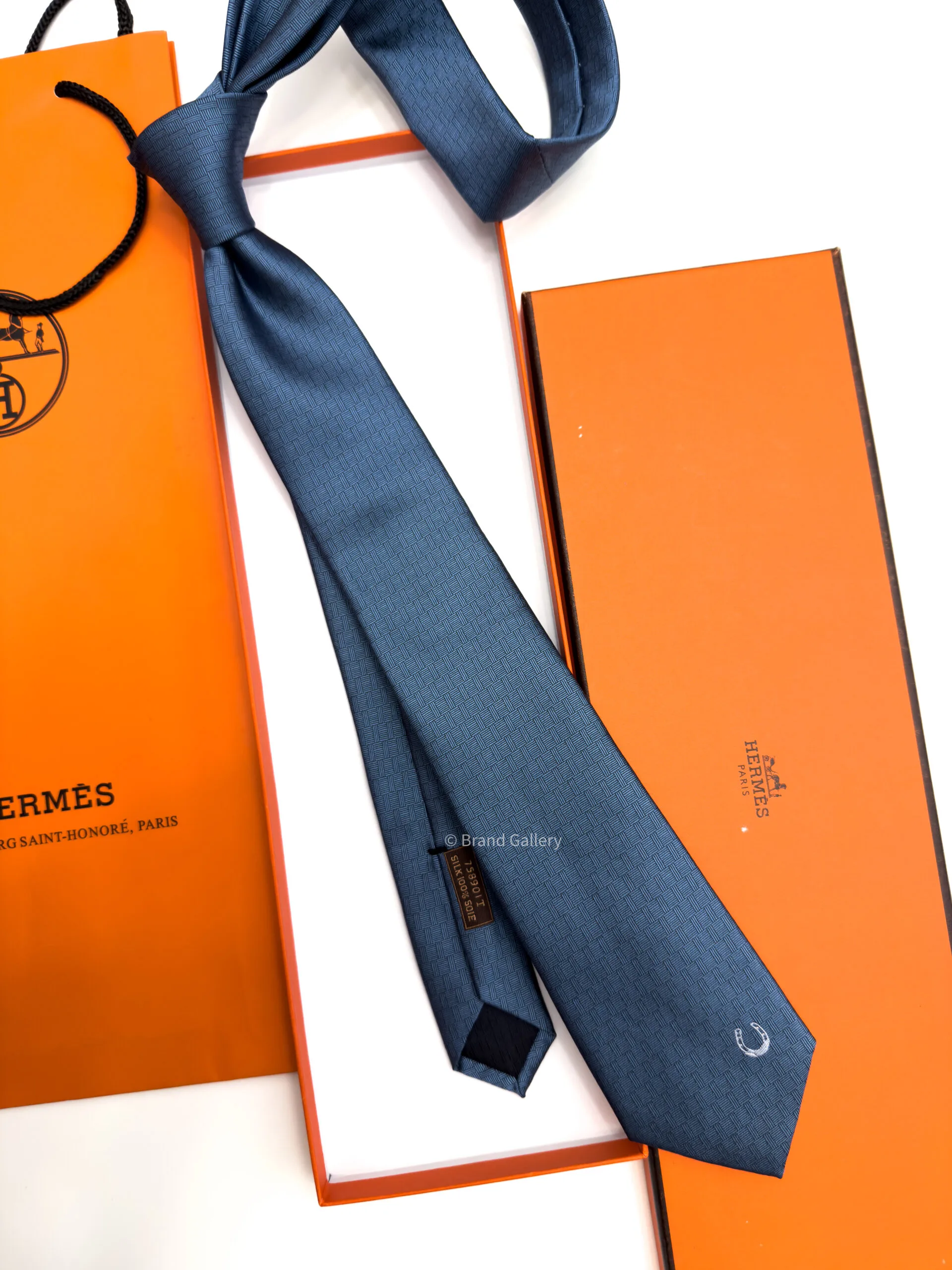 Hermes Marine PLAIN HORSESHOE SILK TIE
