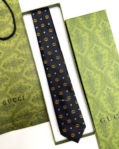 Gucci Black Double G and HEARTS PATTERN SILK TIE