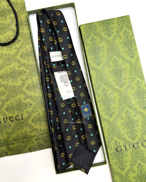 Gucci Black Double G and HEARTS PATTERN SILK TIE