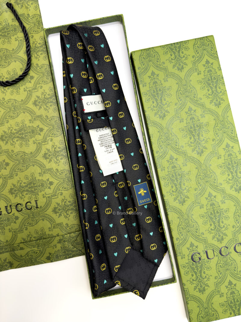 Gucci Black Double G and HEARTS PATTERN SILK TIE