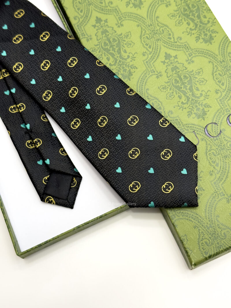 Gucci Black Double G and HEARTS PATTERN SILK TIE