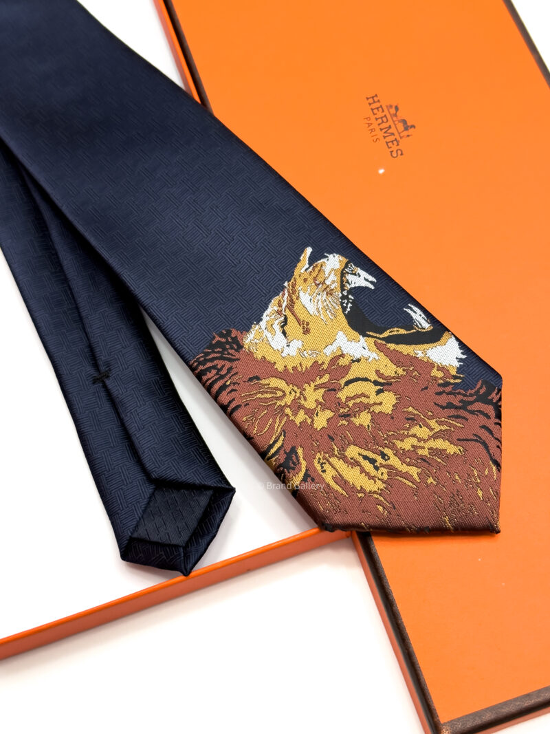 Hermes Navy LION ROAR SILK TIE