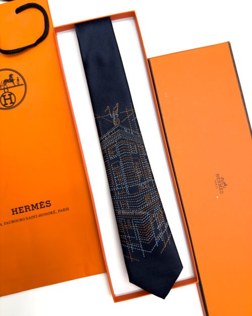 Hermes Navy SADDLE NEEDLE SILK TIE