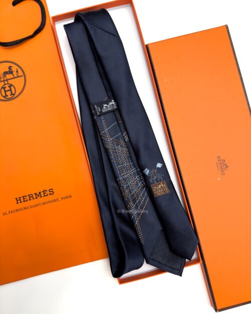Hermes Navy SADDLE NEEDLE SILK TIE