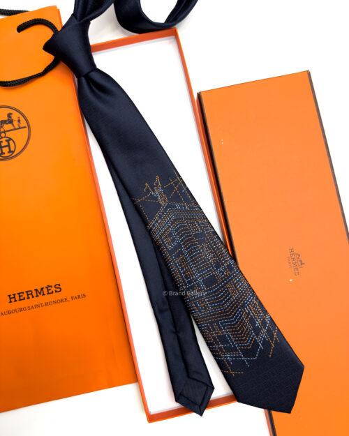 Hermes Navy SADDLE NEEDLE SILK TIE