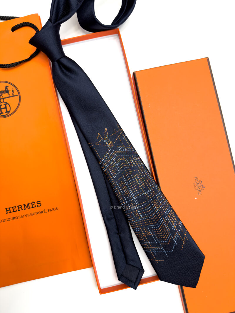 Hermes Navy SADDLE NEEDLE SILK TIE