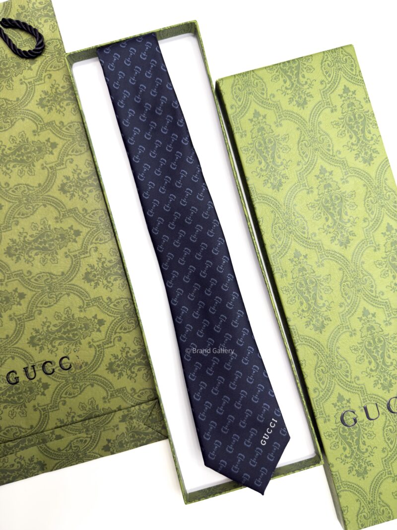 Gucci Navy Blue Signature HORSEBIT PATTERN SILK TIE