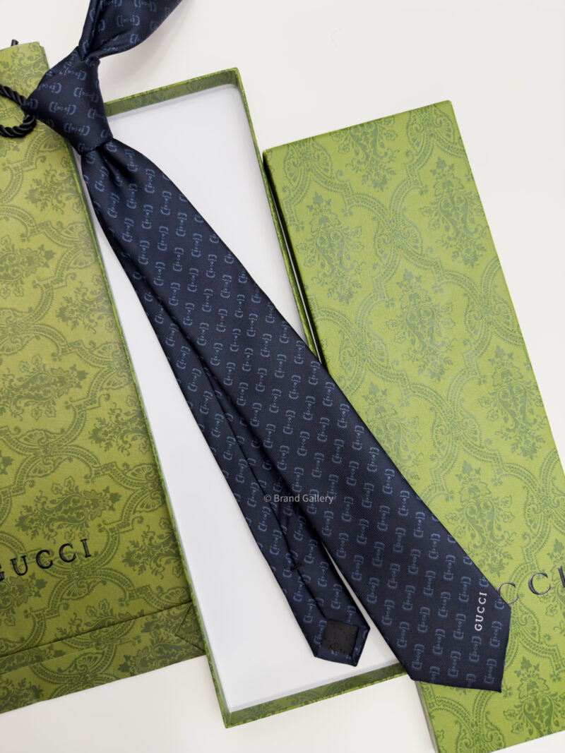 Gucci Navy Blue Signature HORSEBIT PATTERN SILK TIE