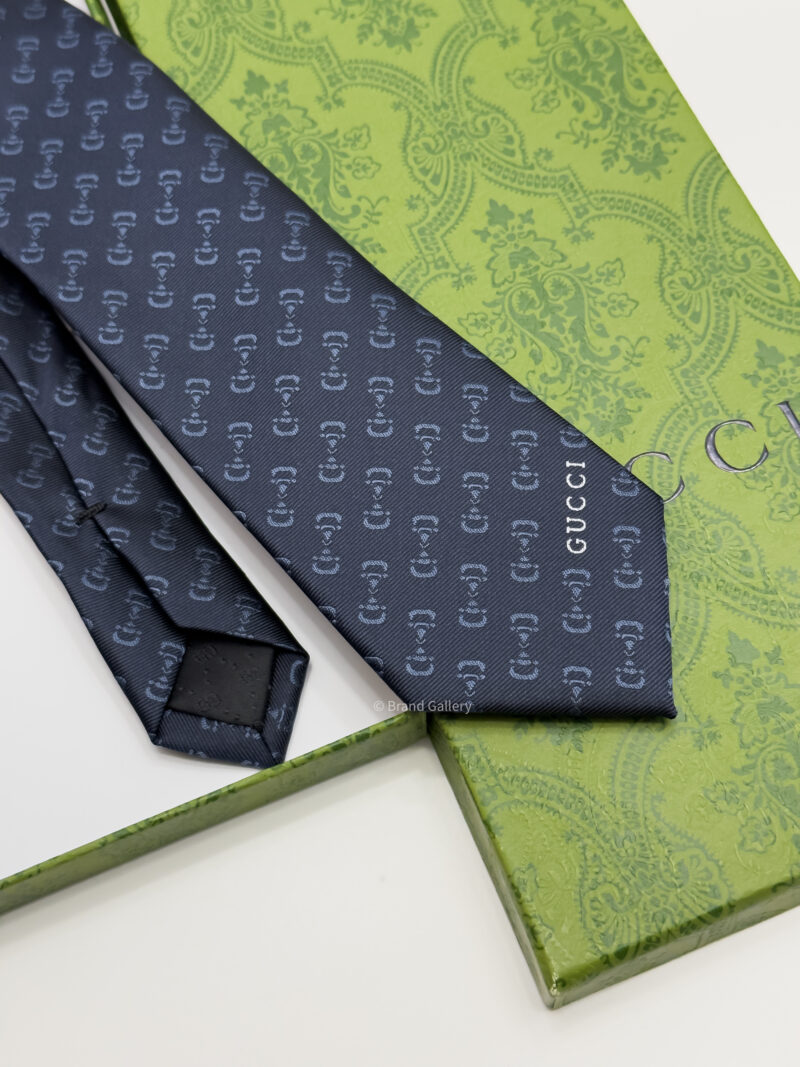 Gucci Navy Blue Signature HORSEBIT PATTERN SILK TIE