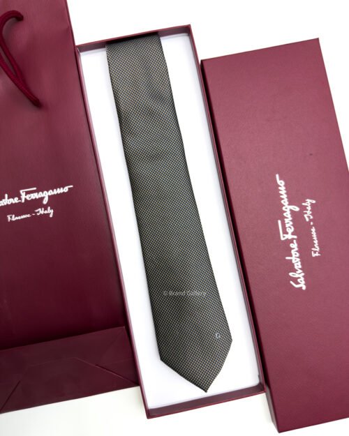 Ferragamo Salvatore Brown and Beige SMALL GANCINI ICON SILK TIE