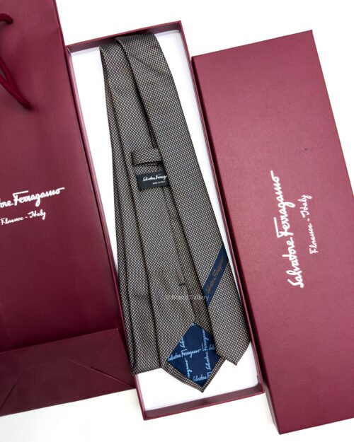 Ferragamo Salvatore Brown and Beige SMALL GANCINI ICON SILK TIE