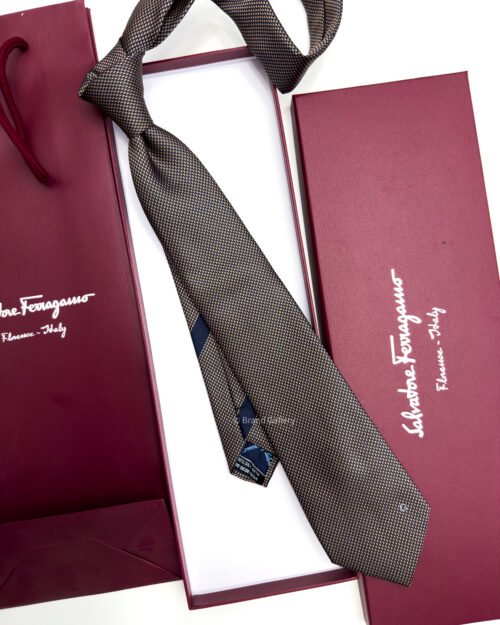 Ferragamo Salvatore Brown and Beige SMALL GANCINI ICON SILK TIE