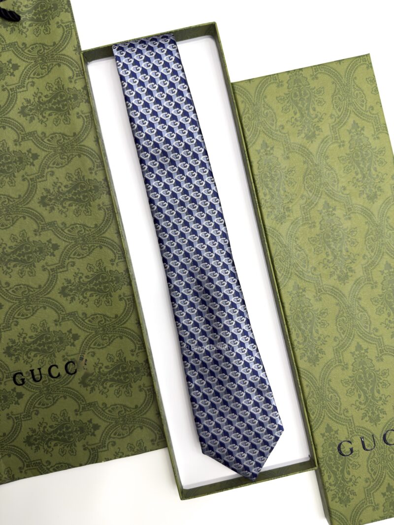 Gucci Dark Blue Geometric G SILK JACQUARD TIE