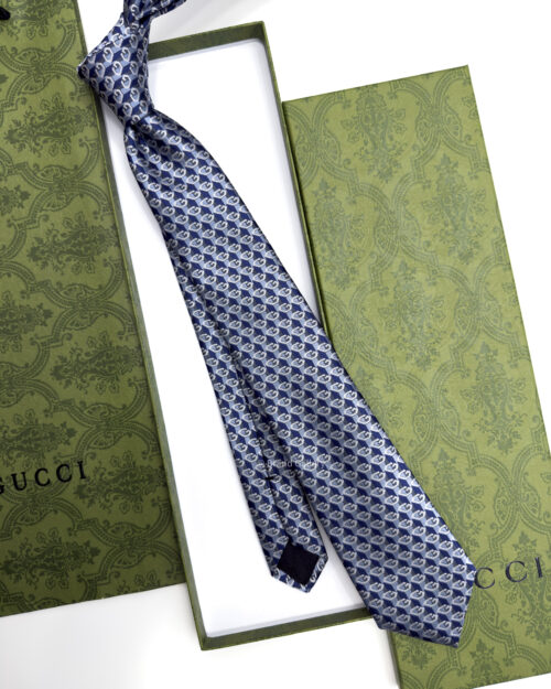 Gucci Dark Blue Geometric G SILK JACQUARD TIE