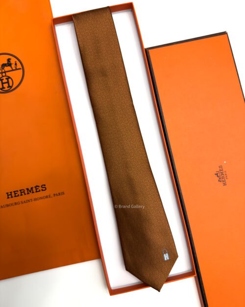 Hermes Brown Orange Pinces H Silk Tie