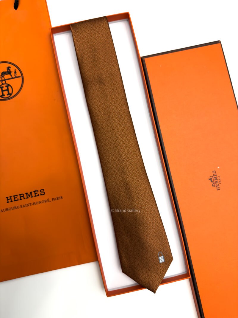 Hermes Brown Orange Pinces H Silk Tie