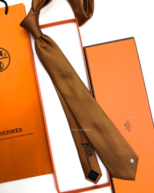 Hermes Brown Orange Pinces H Silk Tie