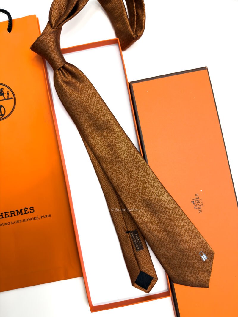 Hermes Brown Orange Pinces H Silk Tie