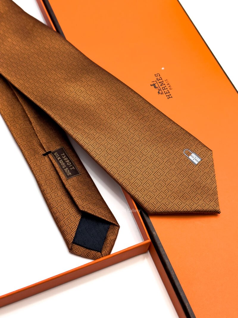 Hermes Brown Orange Pinces H Silk Tie