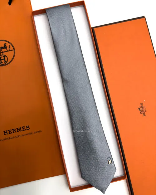 Hermes Gray Pinces H Silk Tie