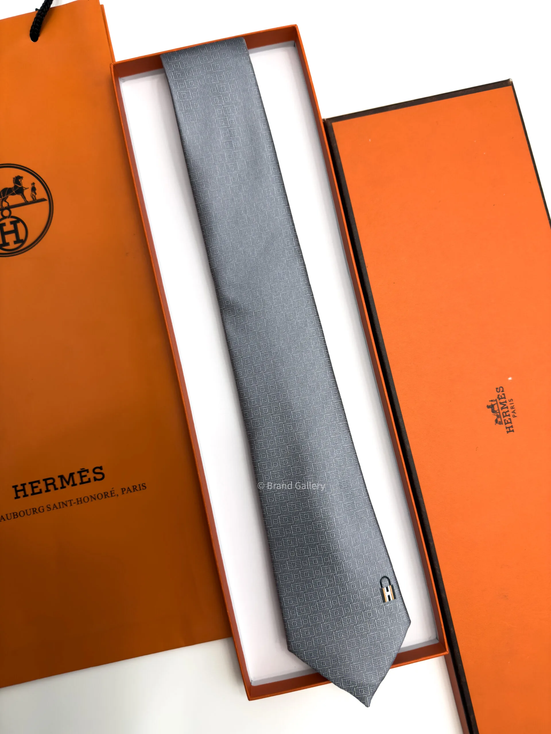 Hermes Gray Pinces H Silk Tie