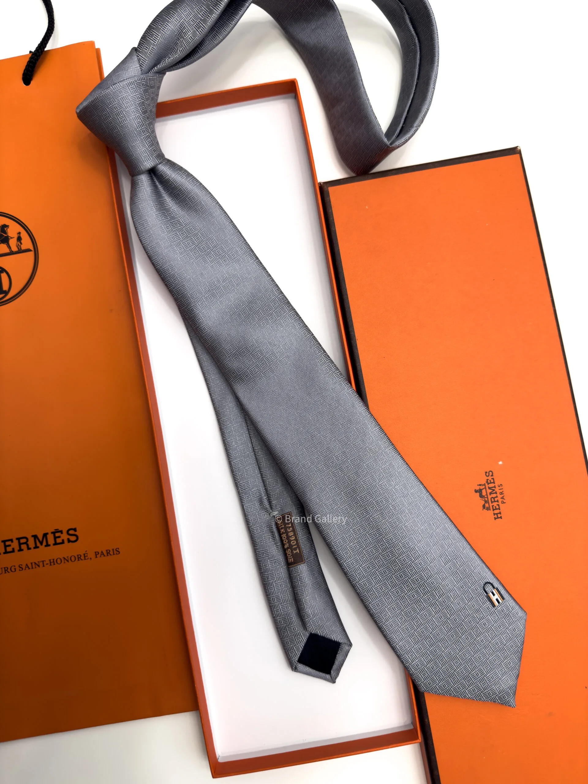 Hermes Gray Pinces H Silk Tie