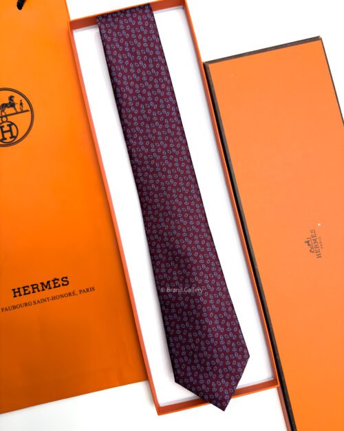 Hermes Bordeaux Faconnee Maillons Silk Tie