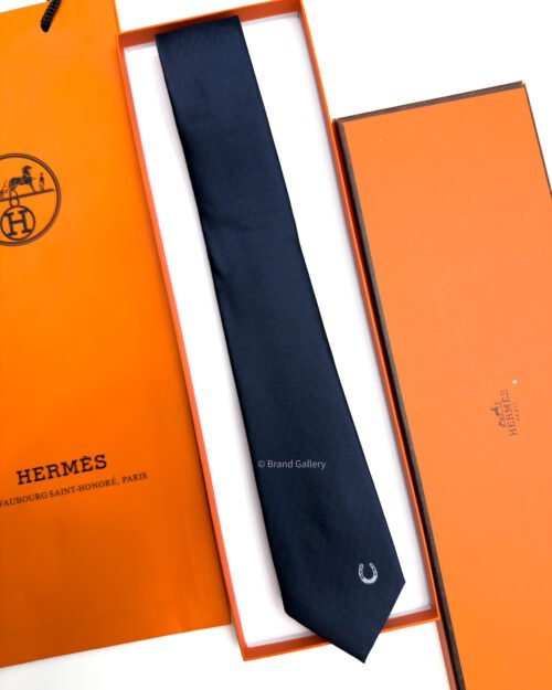 Hermes Navy PLAIN HORSESHOE SILK TIE