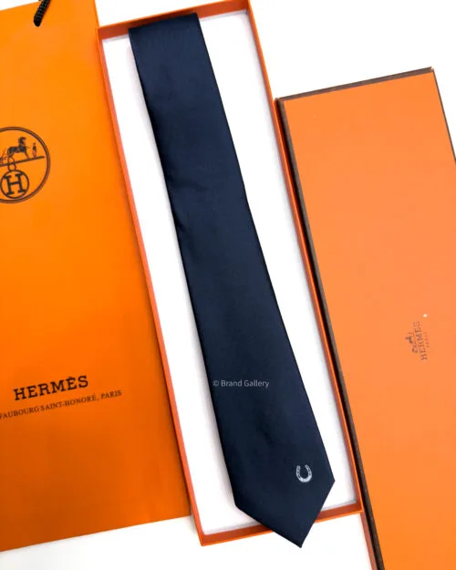 Hermes Navy PLAIN HORSESHOE SILK TIE