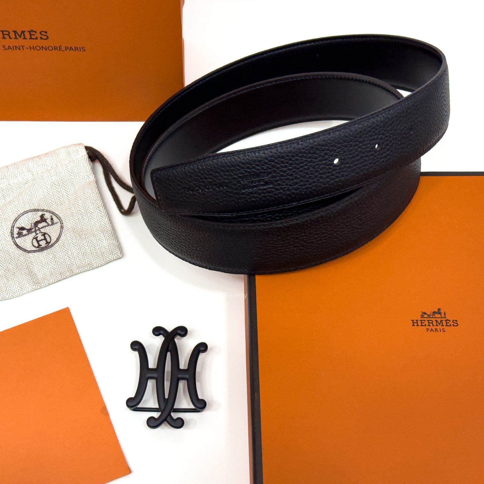Hermes Neo Lift Buckle Black Reversible Leather Belt