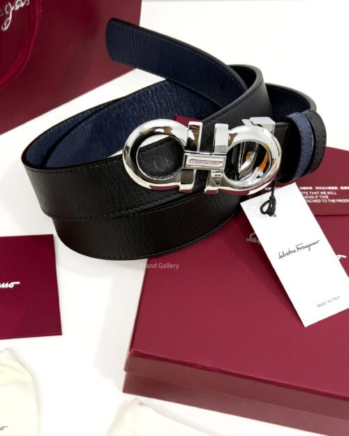 Ferragamo Gancini Buckle Black/Blue Reversible Leather Belt