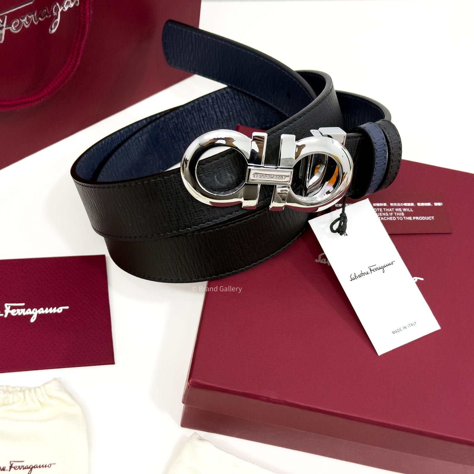 Ferragamo Gancini Buckle Black/Blue Reversible Leather Belt