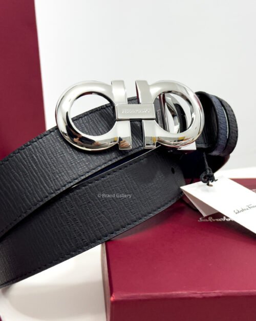 Ferragamo Gancini Buckle Black/Blue Reversible Leather Belt