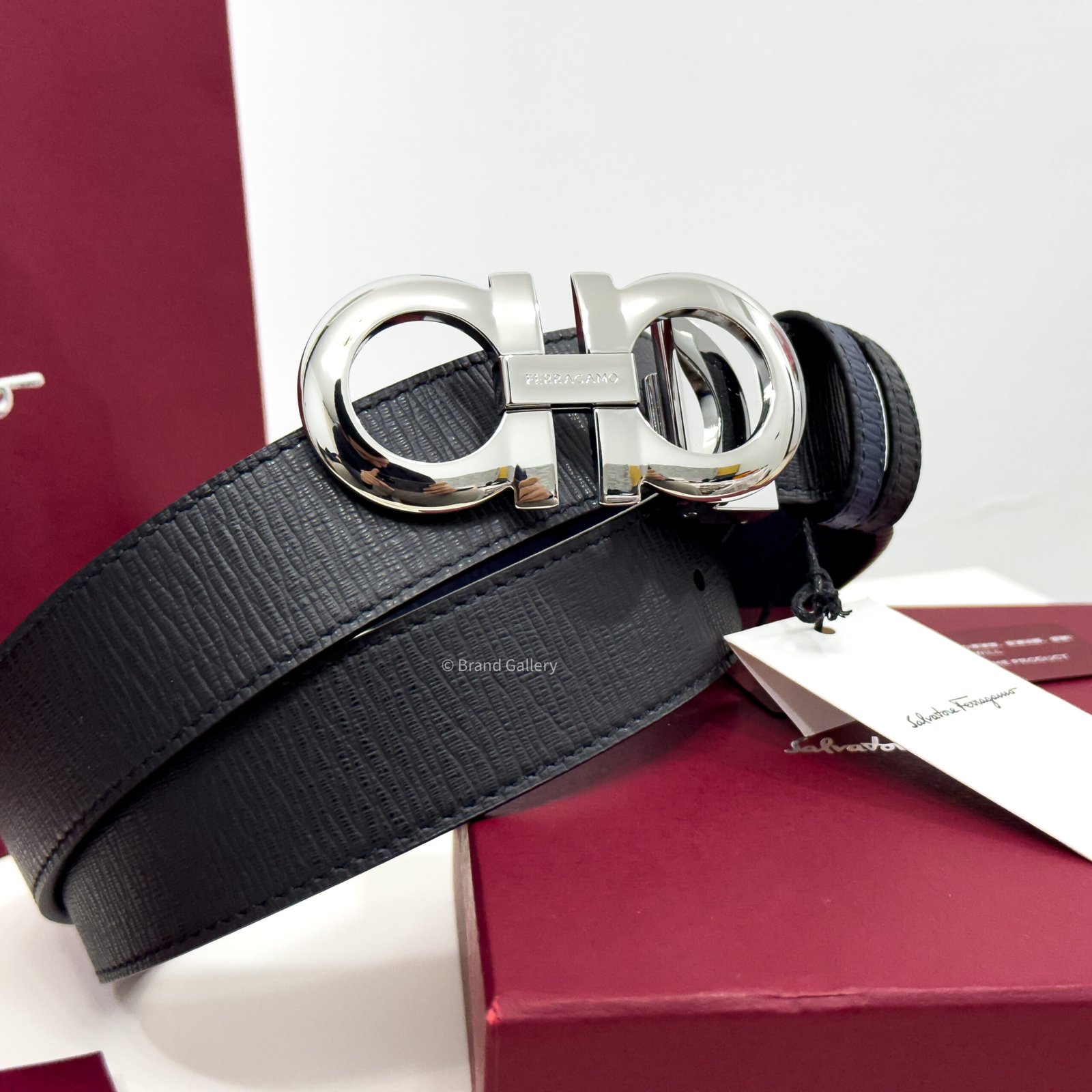 Ferragamo Gancini Buckle Black/Blue Reversible Leather Belt