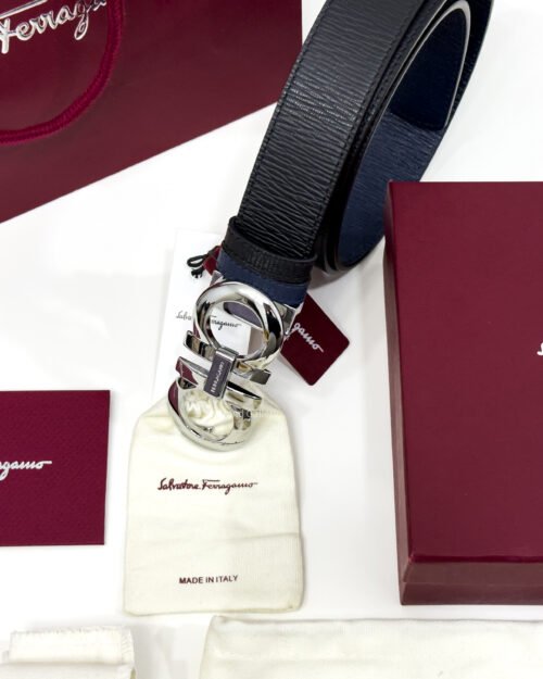 Ferragamo Gancini Buckle Black/Blue Reversible Leather Belt