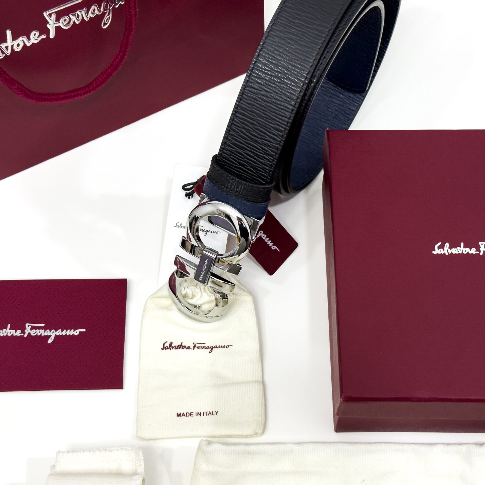 Ferragamo Gancini Buckle Black/Blue Reversible Leather Belt
