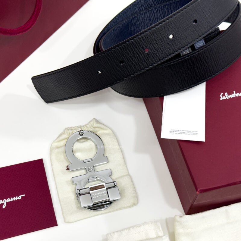 Ferragamo Gancini Buckle Black/Blue Reversible Leather Belt