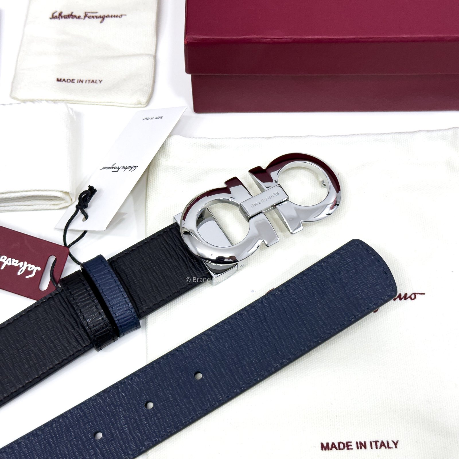 Ferragamo Gancini Buckle Black/Blue Reversible Leather Belt