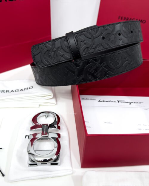 Ferragamo Gancini Buckle Black Reversible Leather Belt