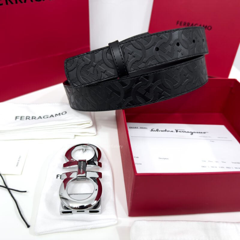 Ferragamo Gancini Buckle Black Reversible Leather Belt
