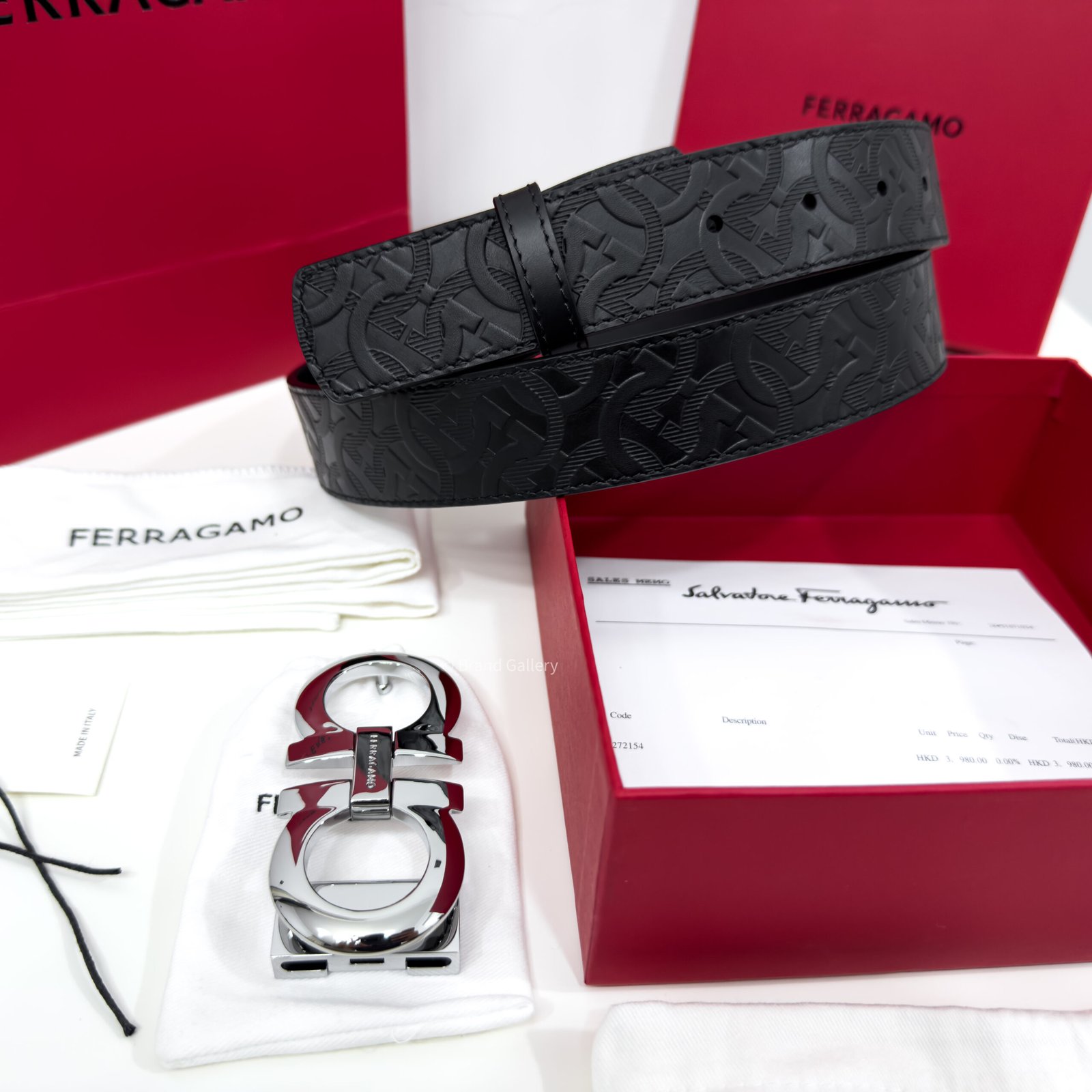 Ferragamo Gancini Buckle Black Reversible Leather Belt