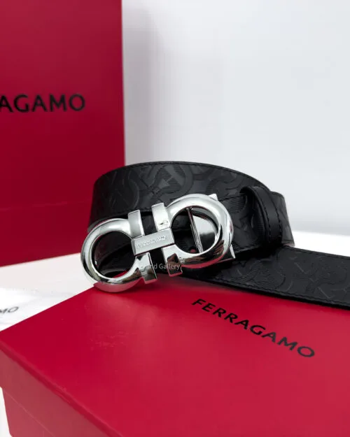 Ferragamo Gancini Buckle Black Reversible Leather Belt