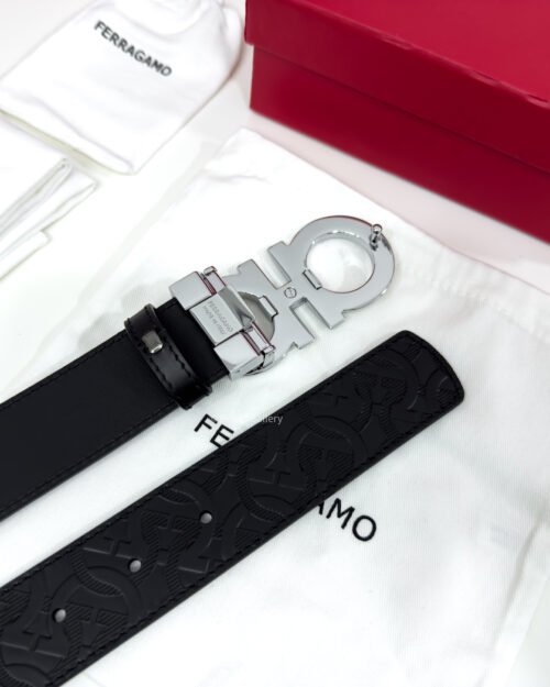 Ferragamo Gancini Buckle Black Reversible Leather Belt