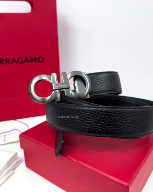 Ferragamo Gancini Buckle Black Reversible Leather Belt