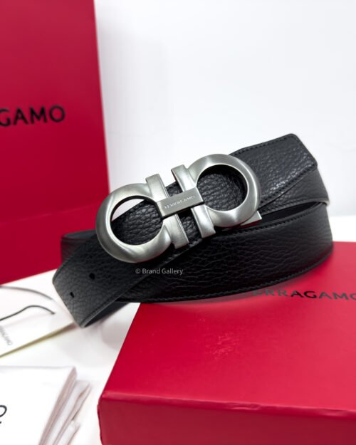 Ferragamo Gancini Buckle Black Reversible Leather Belt